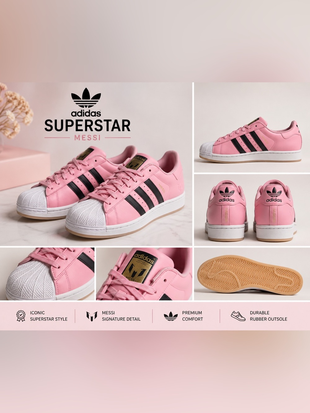 adidas Superstar Messi Pink with Black Stripes